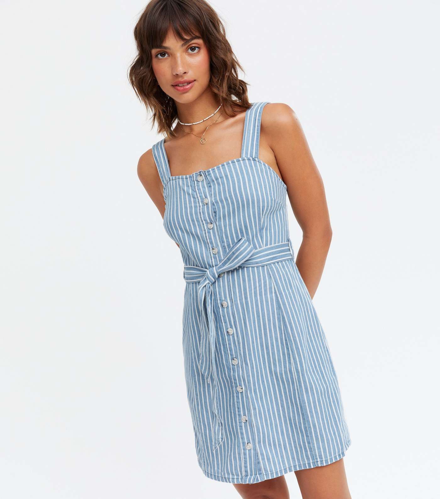 Urban Bliss Blue Stripe Chambray Belted Pinafore Dress Image 2