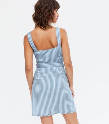 Urban Bliss Blue Stripe Chambray Belted Pinafore Dress | New Look