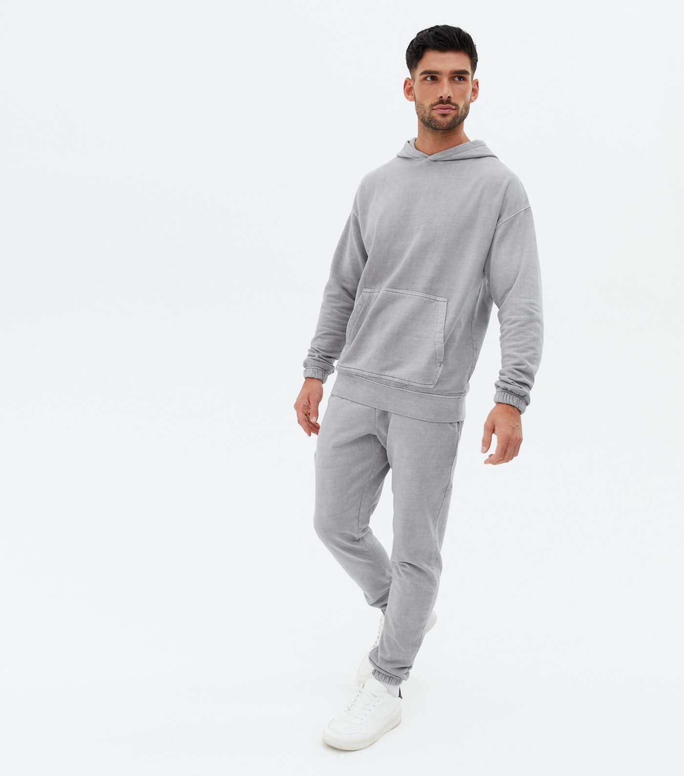 Pale Grey Washed Jersey Pocket Front Hoodie Image 2
