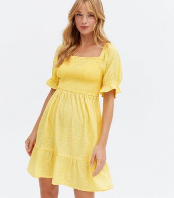 Wednesdays Girl Yellow Spot Shirred Mini Dress New Look