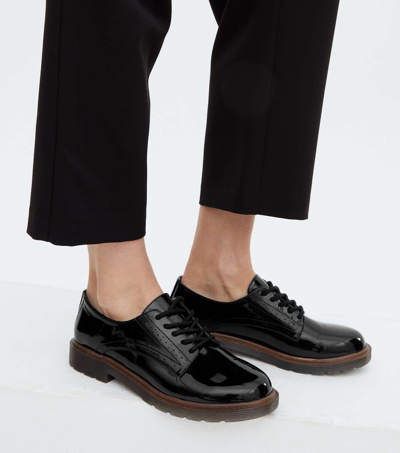 Girls Black Patent Lace Up Chunky Brogues Image 2