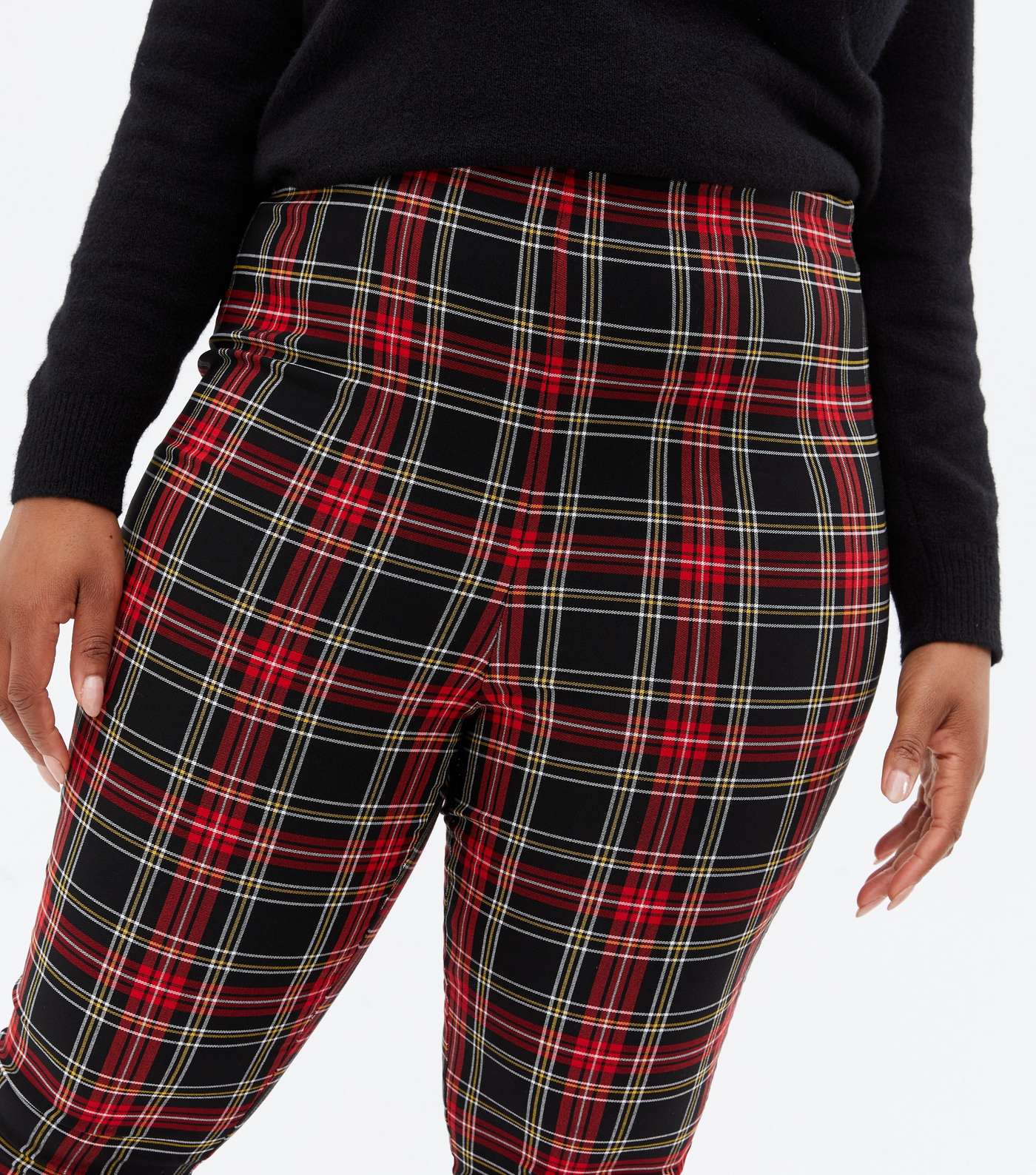 Curves Red Tartan Slim Stretch Trousers Image 3