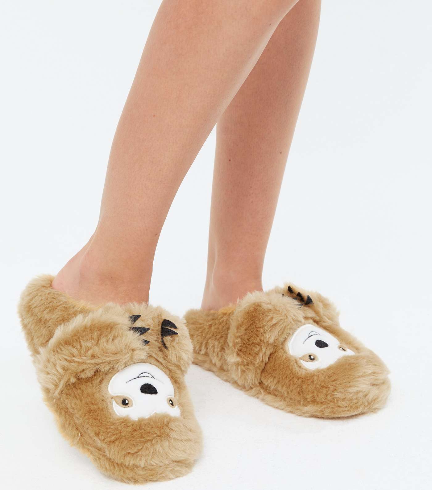 Girls Light Brown Faux Fur Sloth Mule Slippers Image 2