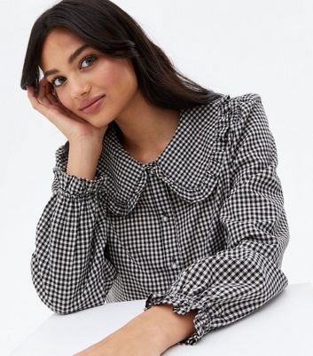 Black Gingham Frill Collar Blouse | New Look