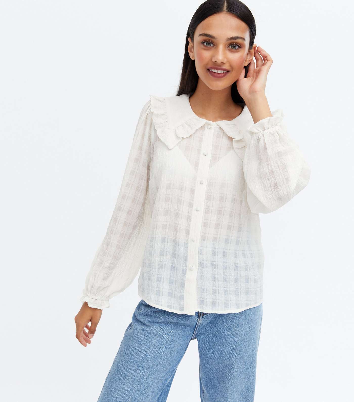 Off White Textured Frill Collar Puff Sleeve Shirt Image 3