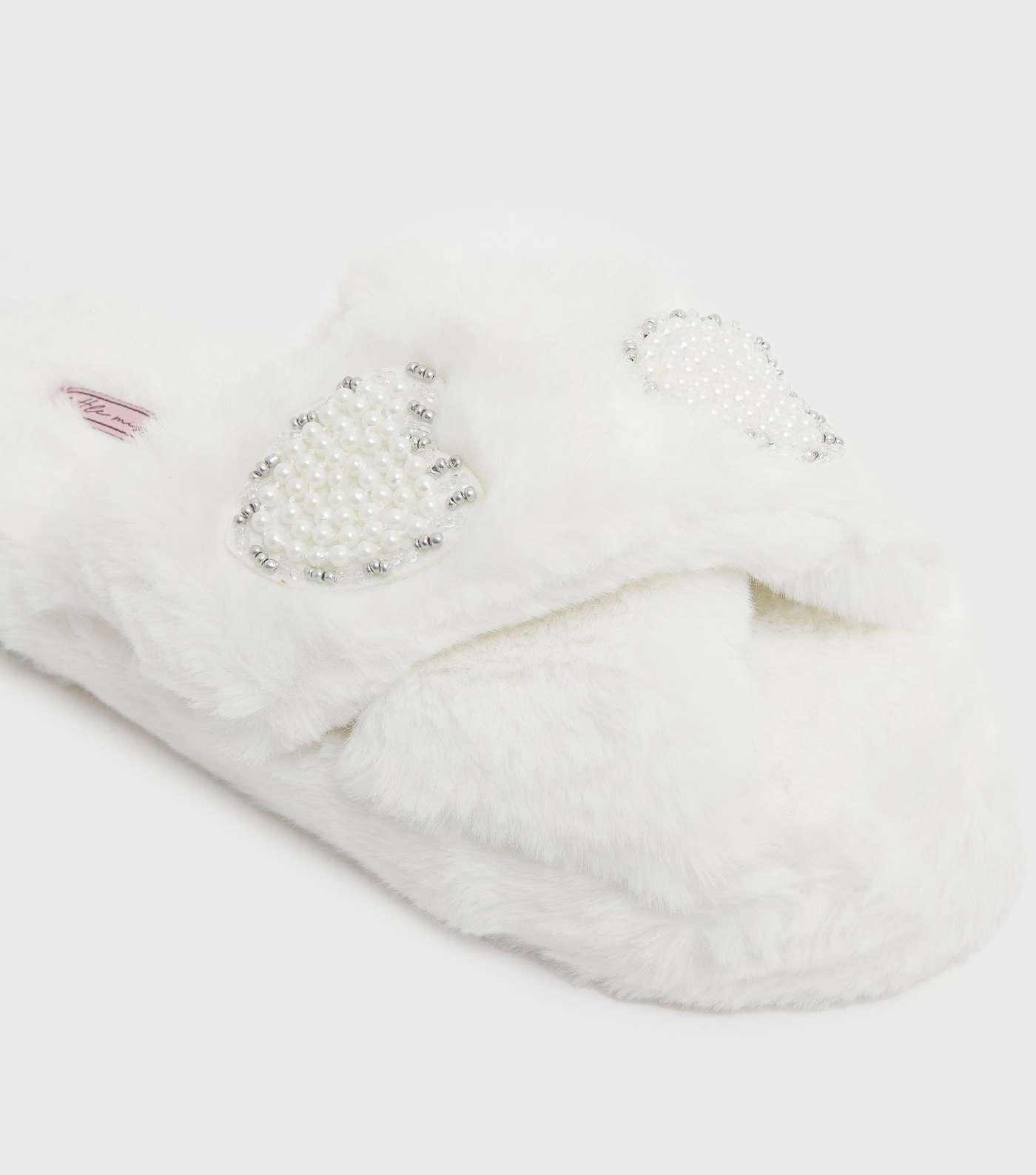 Little Mistress White Faux Fur Beaded Slippers Image 3