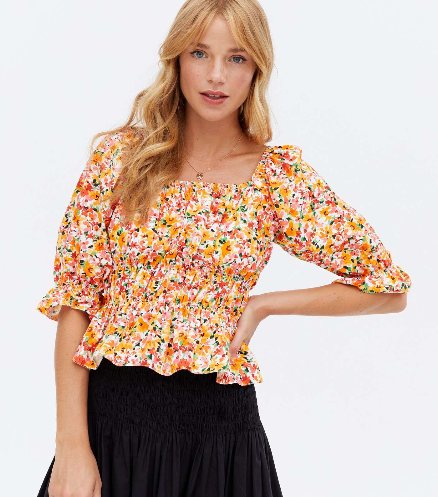 White Floral Ruched Square Neck Blouse