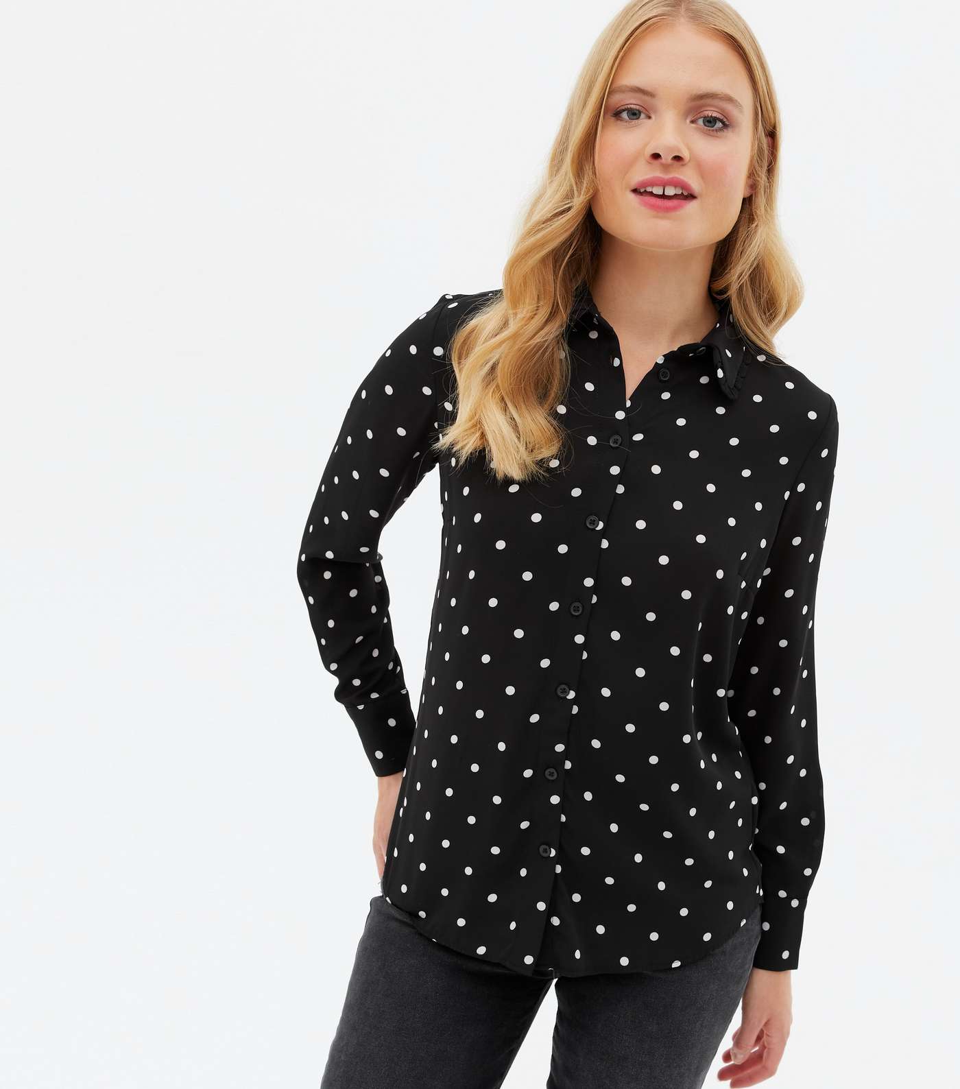 Black Polka Dot Frill Collar Long Sleeve Shirt