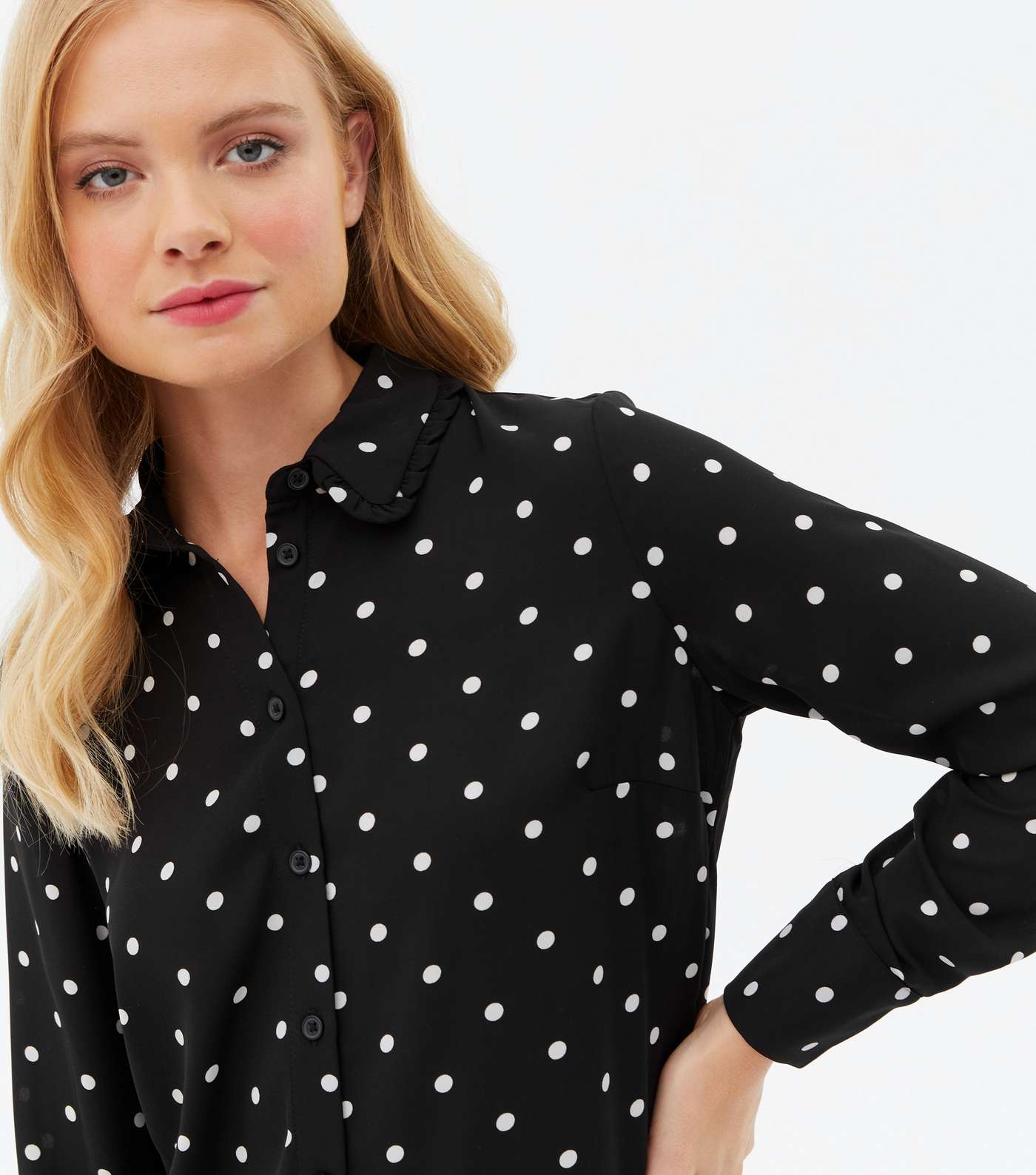 Black Polka Dot Frill Collar Long Sleeve Shirt Image 3