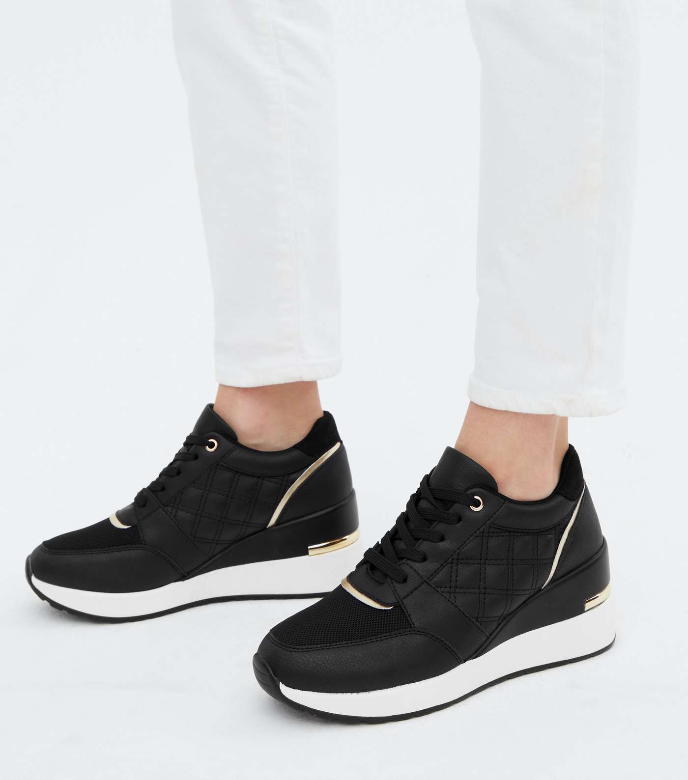 Black Quilted Metal Trim Wedge Trainers Image 2