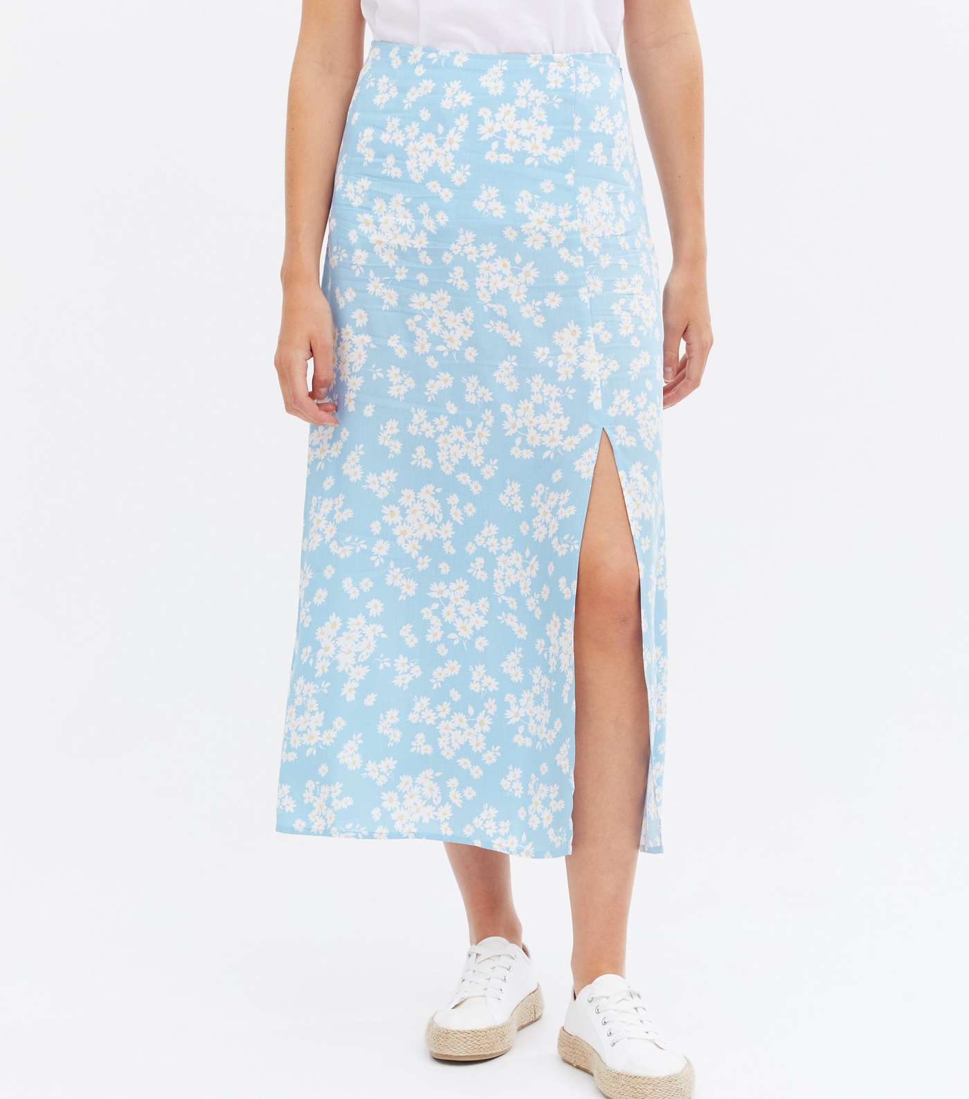 Pale Blue Daisy Split Hem Midi Skirt Image 2