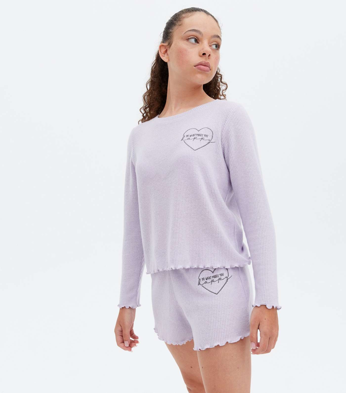 Girls Lilac Ribbed Heart Embroidered Short Pyjama Set