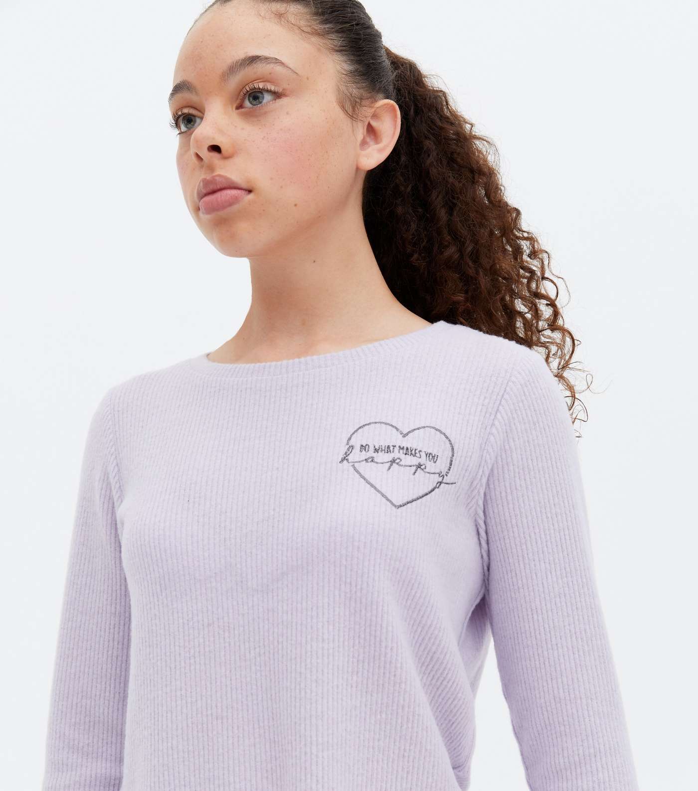 Girls Lilac Ribbed Heart Embroidered Short Pyjama Set Image 3