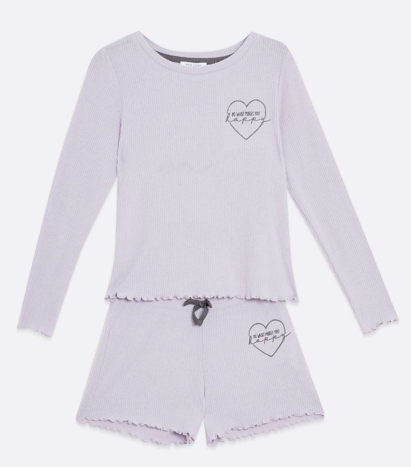 Girls Lilac Ribbed Heart Embroidered Short Pyjama Set Image 5