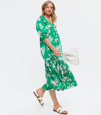 Green Floral Square Neck Puff Sleeve 