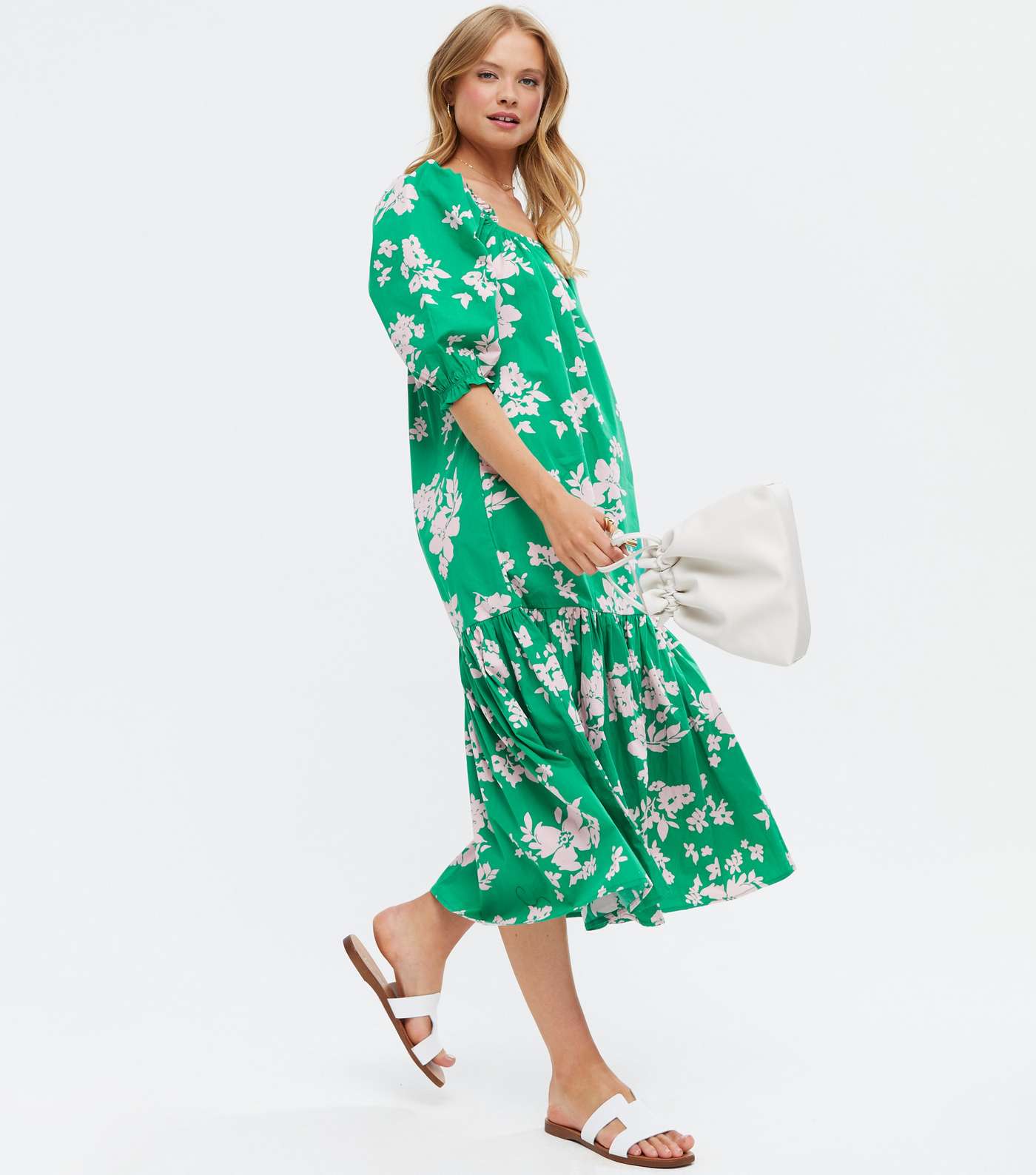 Green Floral Square Neck Puff Sleeve Tiered Midi Dress Image 2