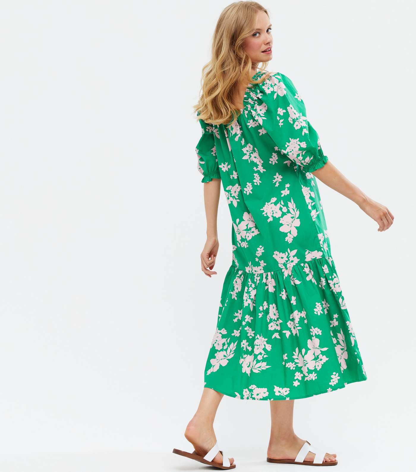 Green Floral Square Neck Puff Sleeve Tiered Midi Dress Image 4