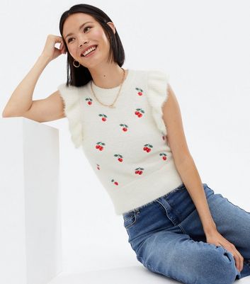 White Cherry Embroidered Fluffy Vest 