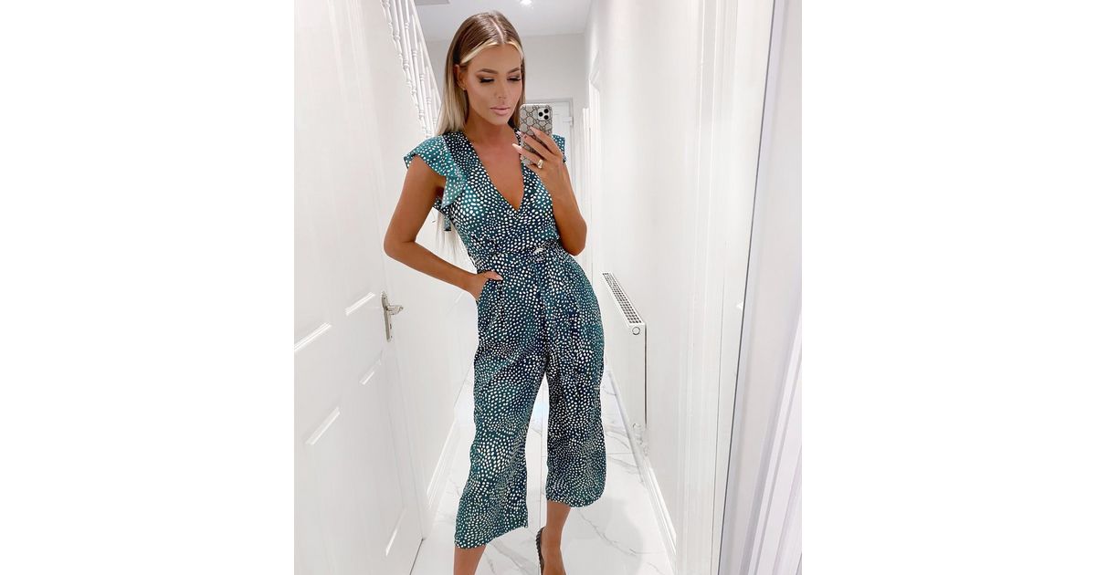 AX Paris Dark Green Spot Ruffle Wrap Crop Jumpsuit New Look