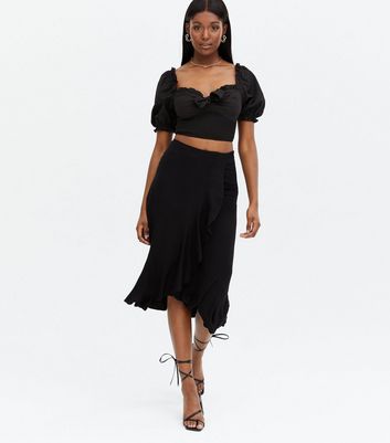 Black Ruffle Wrap Midi Skirt New Look