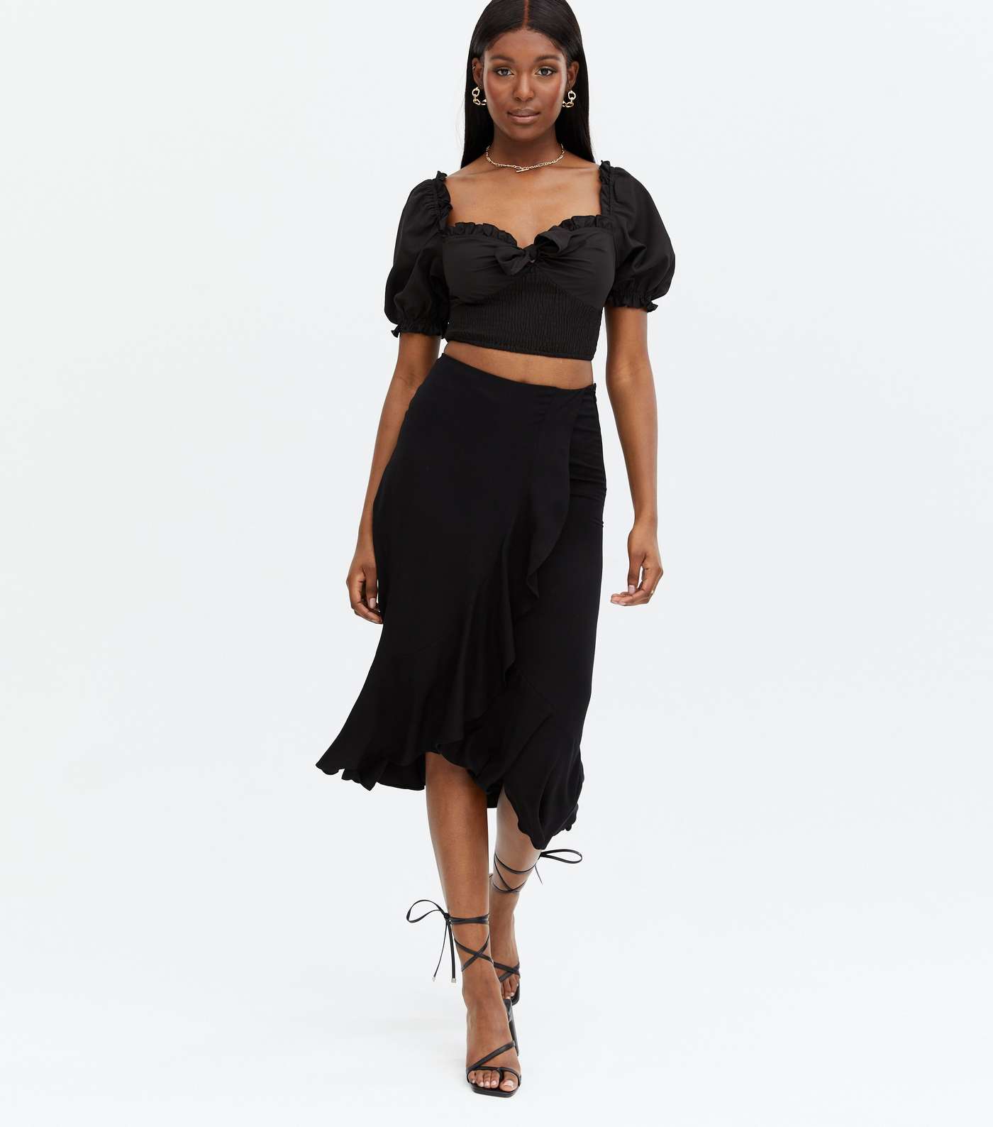 Black Ruffle Wrap Midi Skirt