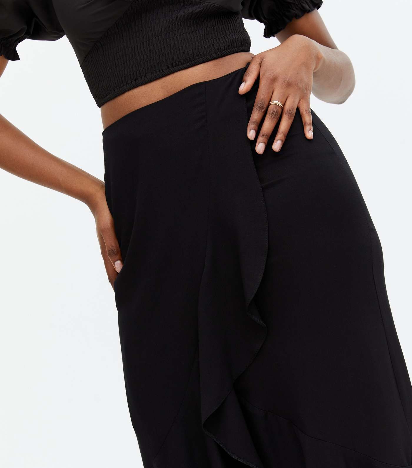 Black Ruffle Wrap Midi Skirt Image 3