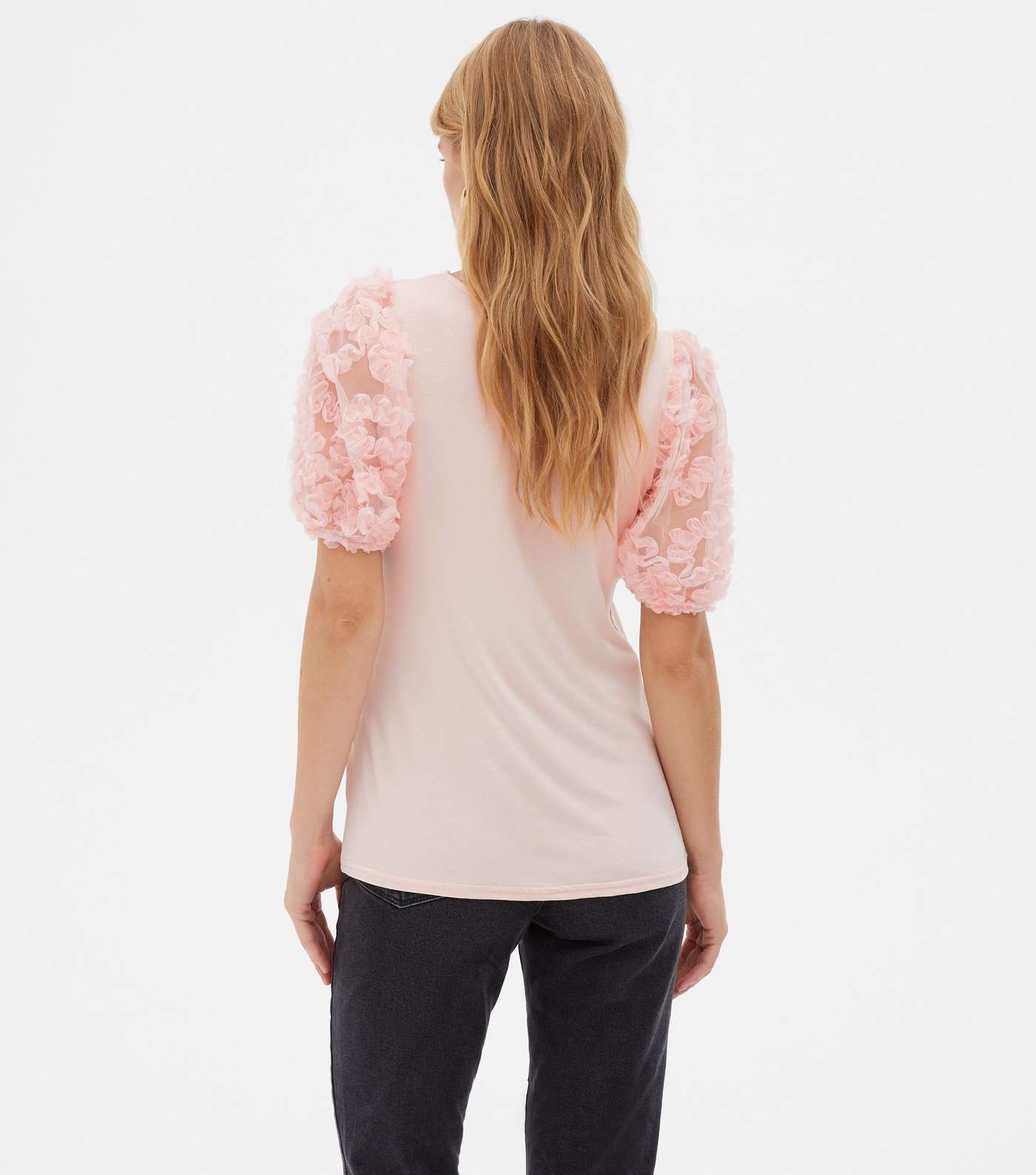 Pale Pink Squiggle Mesh Puff Sleeve Top Image 4