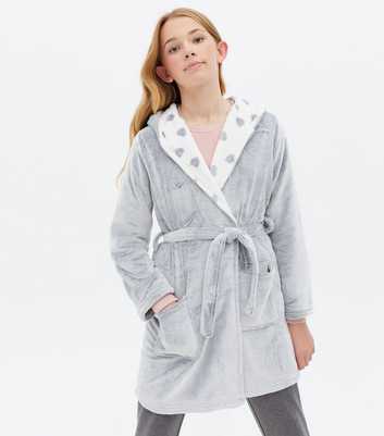 Girls Pale Grey Heart Hooded Dressing Gown