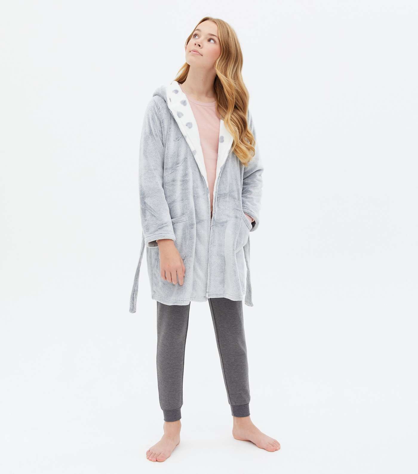 Girls Pale Grey Heart Hooded Dressing Gown Image 2