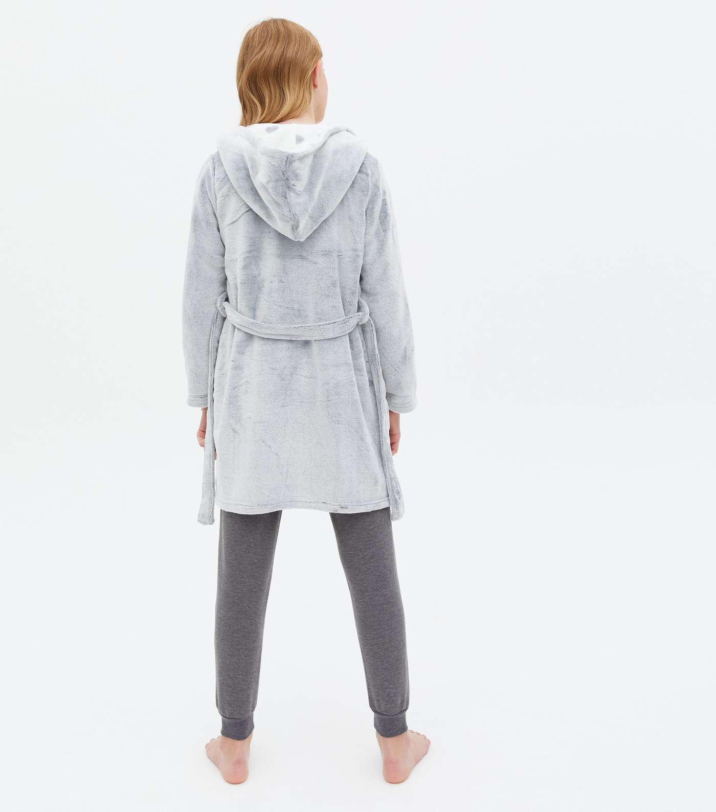 Girls Pale Grey Heart Hooded Dressing Gown Image 4