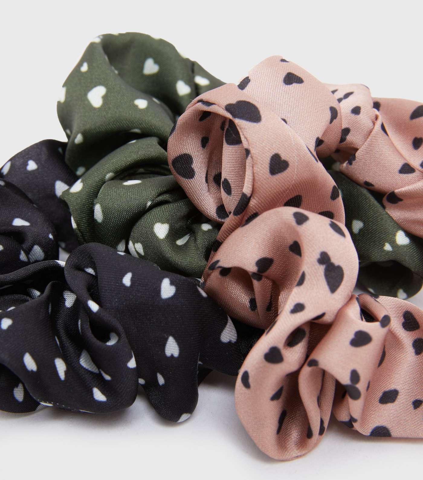 3 Pack Pink Black and Khaki Heart Scrunchies Image 2