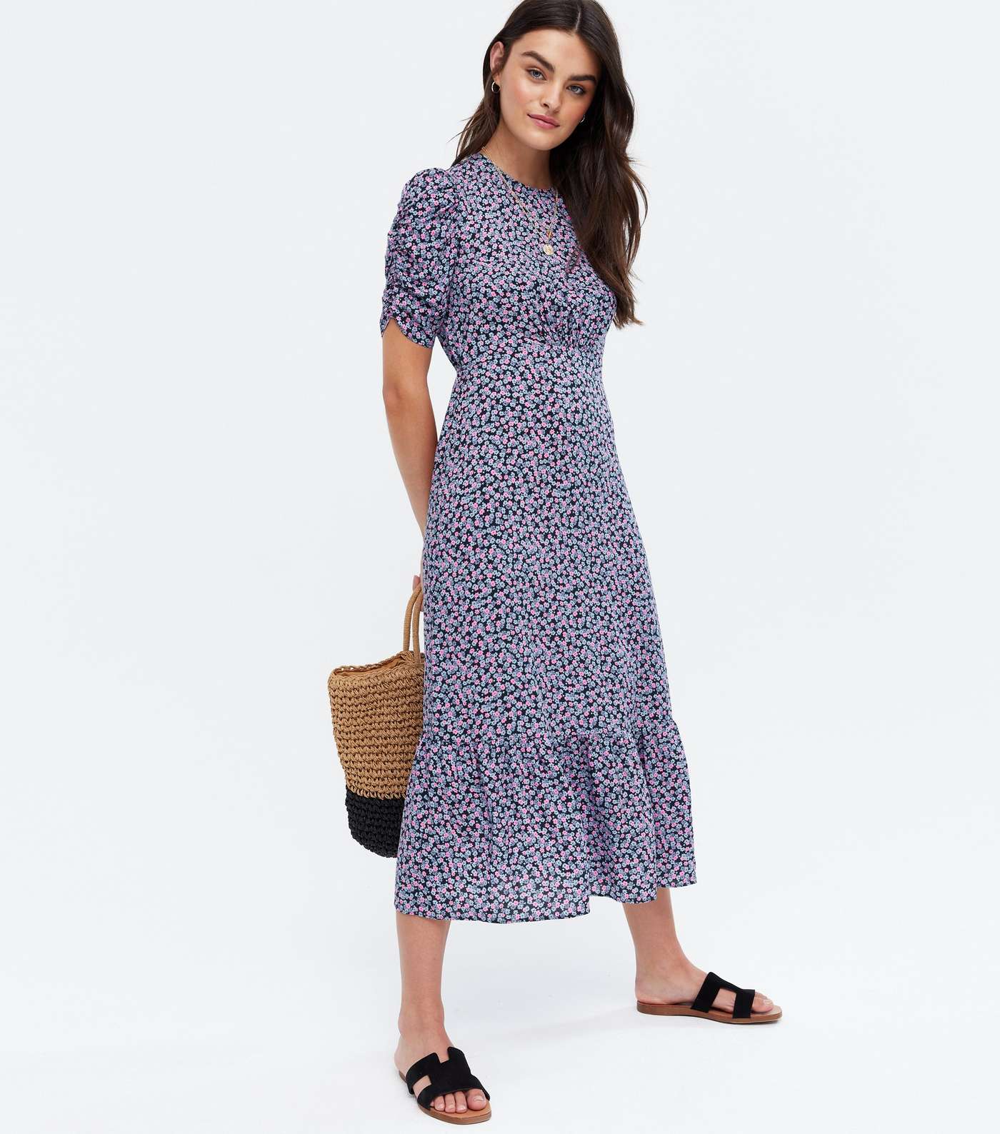 Blue Ditsy Floral Ruched Sleeve Tiered Midi Dress