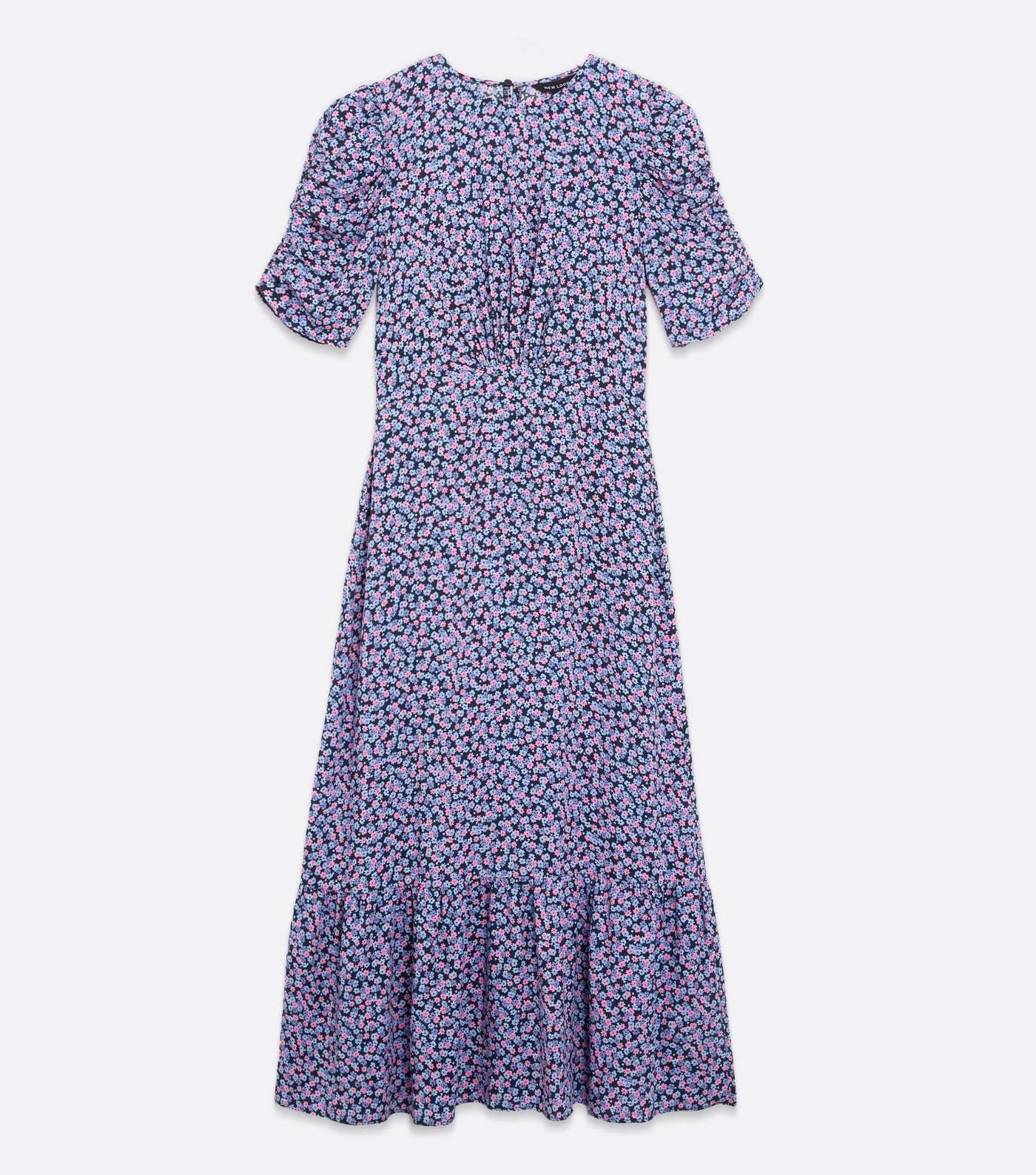 Blue Ditsy Floral Ruched Sleeve Tiered Midi Dress Image 5