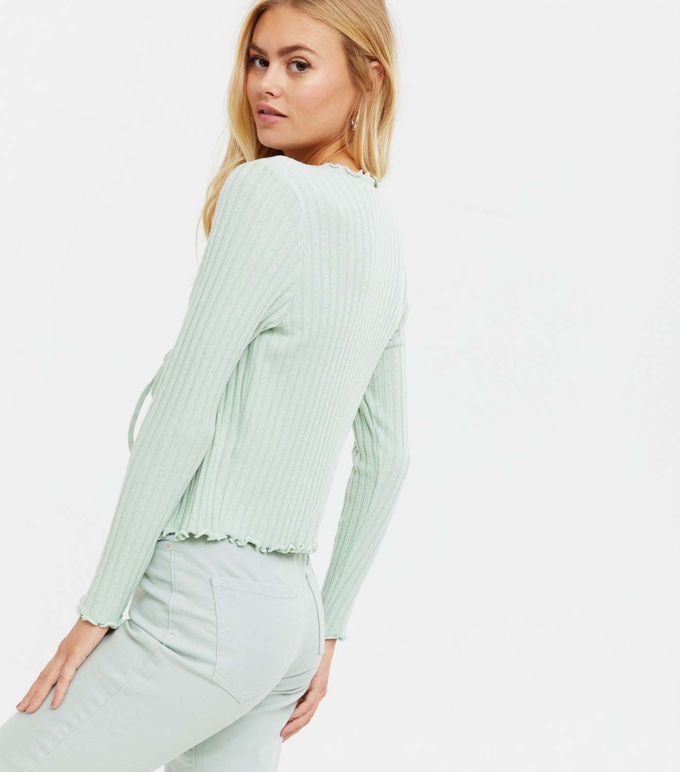 Light Green Ribbed Fine Knit Frill Tie Front Cardigan Image 4