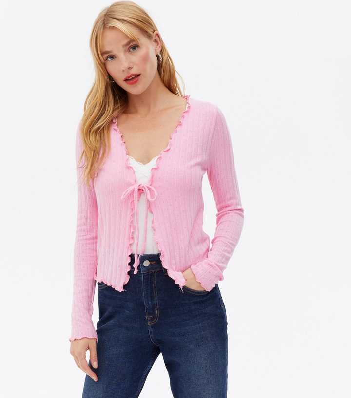 Bright Pink Ribbed Fine Knit Frill Tie Front Cardigan 