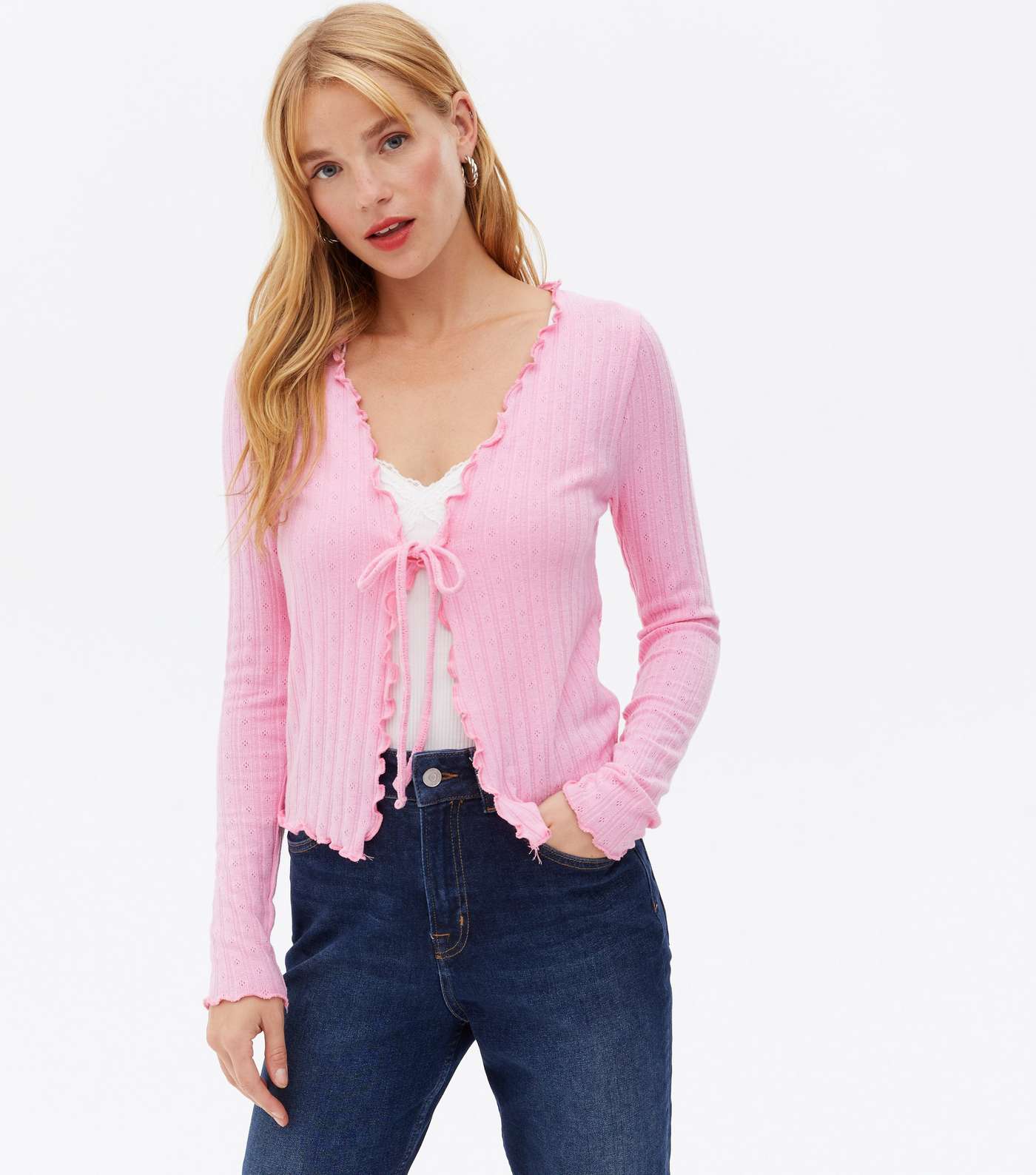 Bright Pink Ribbed Fine Knit Frill Tie Front Cardigan 