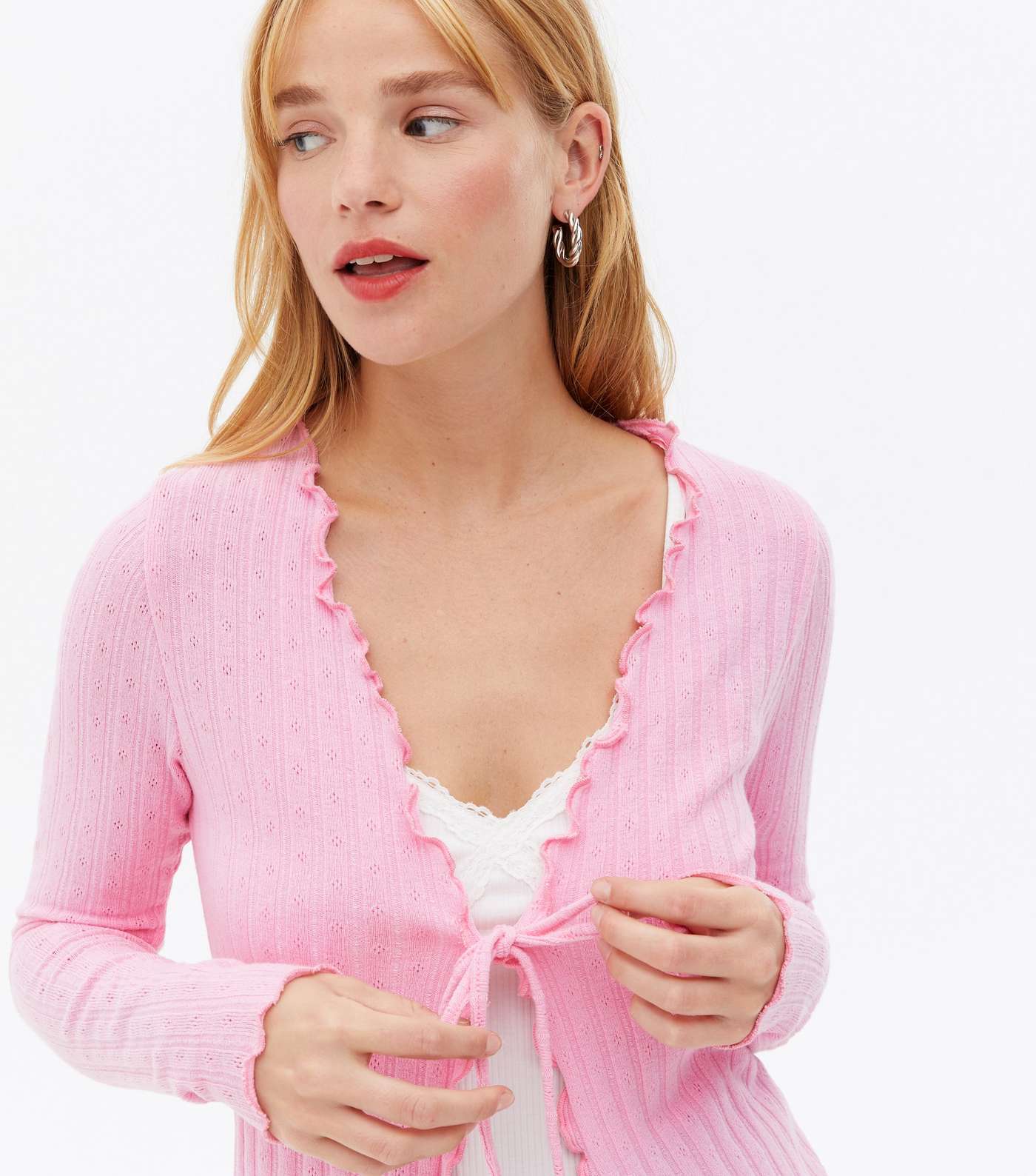 Bright Pink Ribbed Fine Knit Frill Tie Front Cardigan  Image 3
