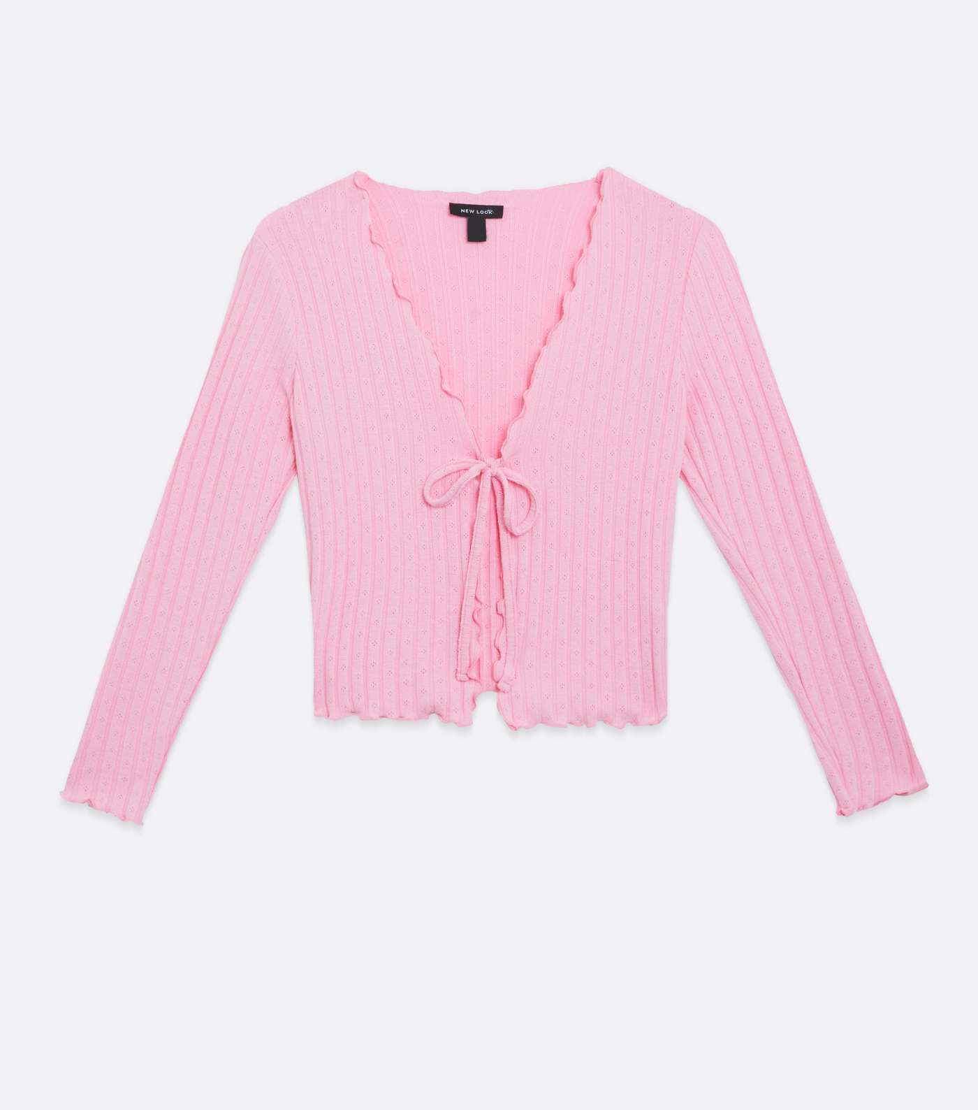 Bright Pink Ribbed Fine Knit Frill Tie Front Cardigan  Image 5