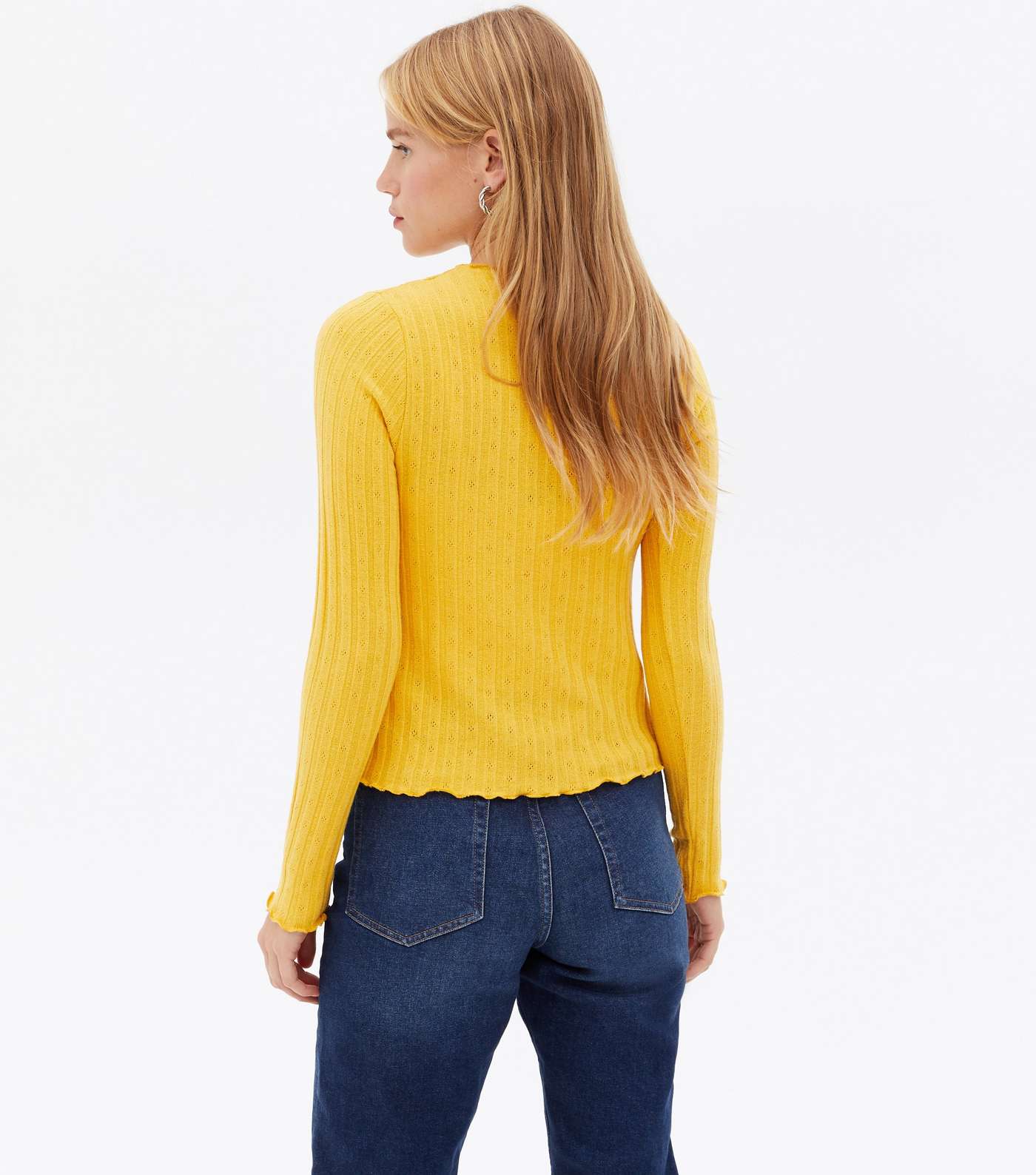 Yellow Ribbed Fine Knit Frill Tie Front Cardigan Image 4