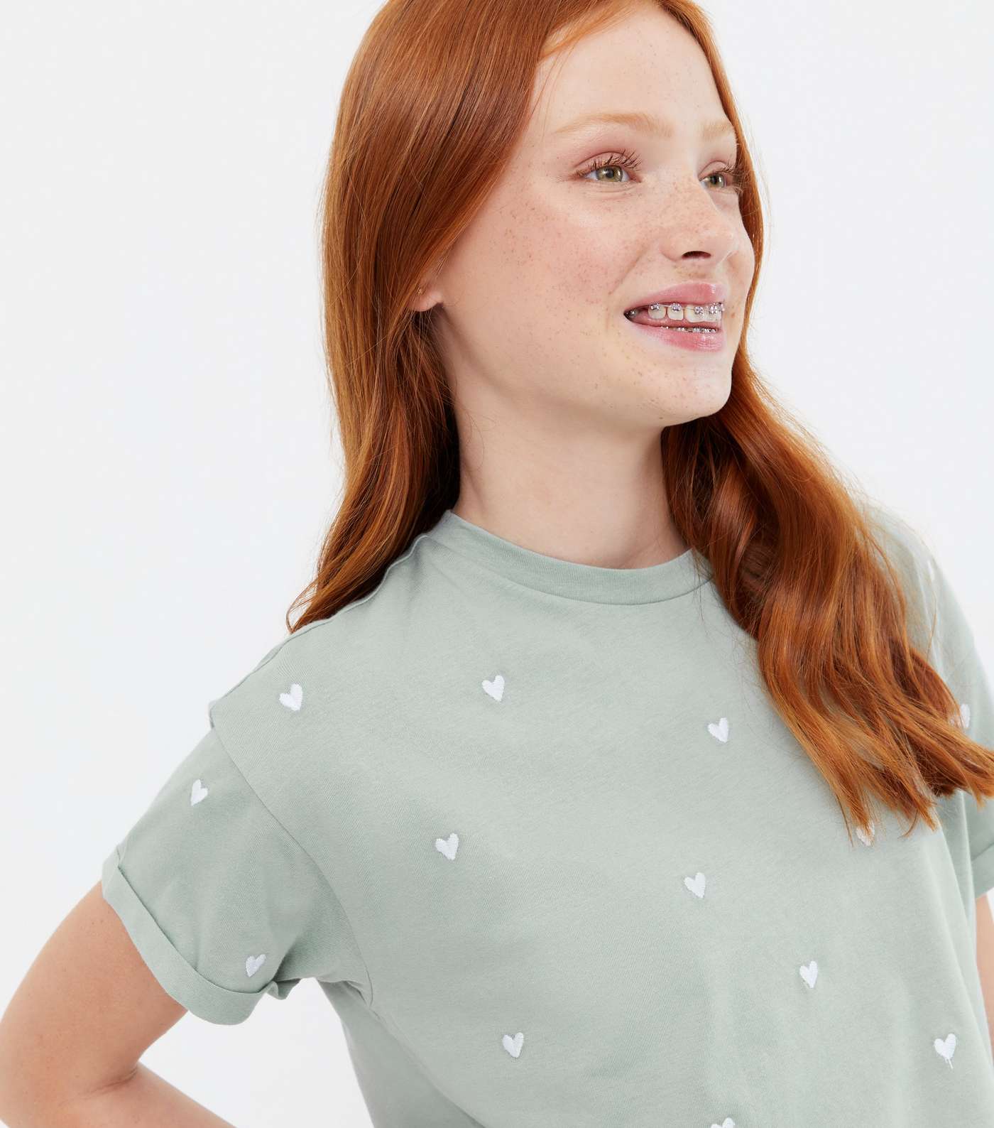 Girls Light Green Heart Embroidered T-Shirt Image 3