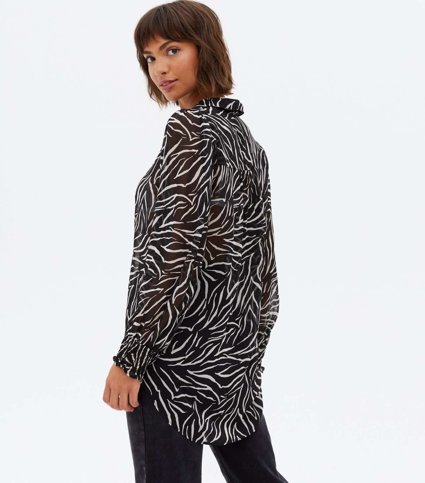 Black Zebra Print Shirred Cuff Shirt Image 4