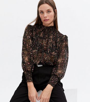 Black floral chiffon store blouse