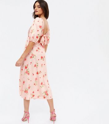 Pink Floral Satin Open Tie Back Midi 