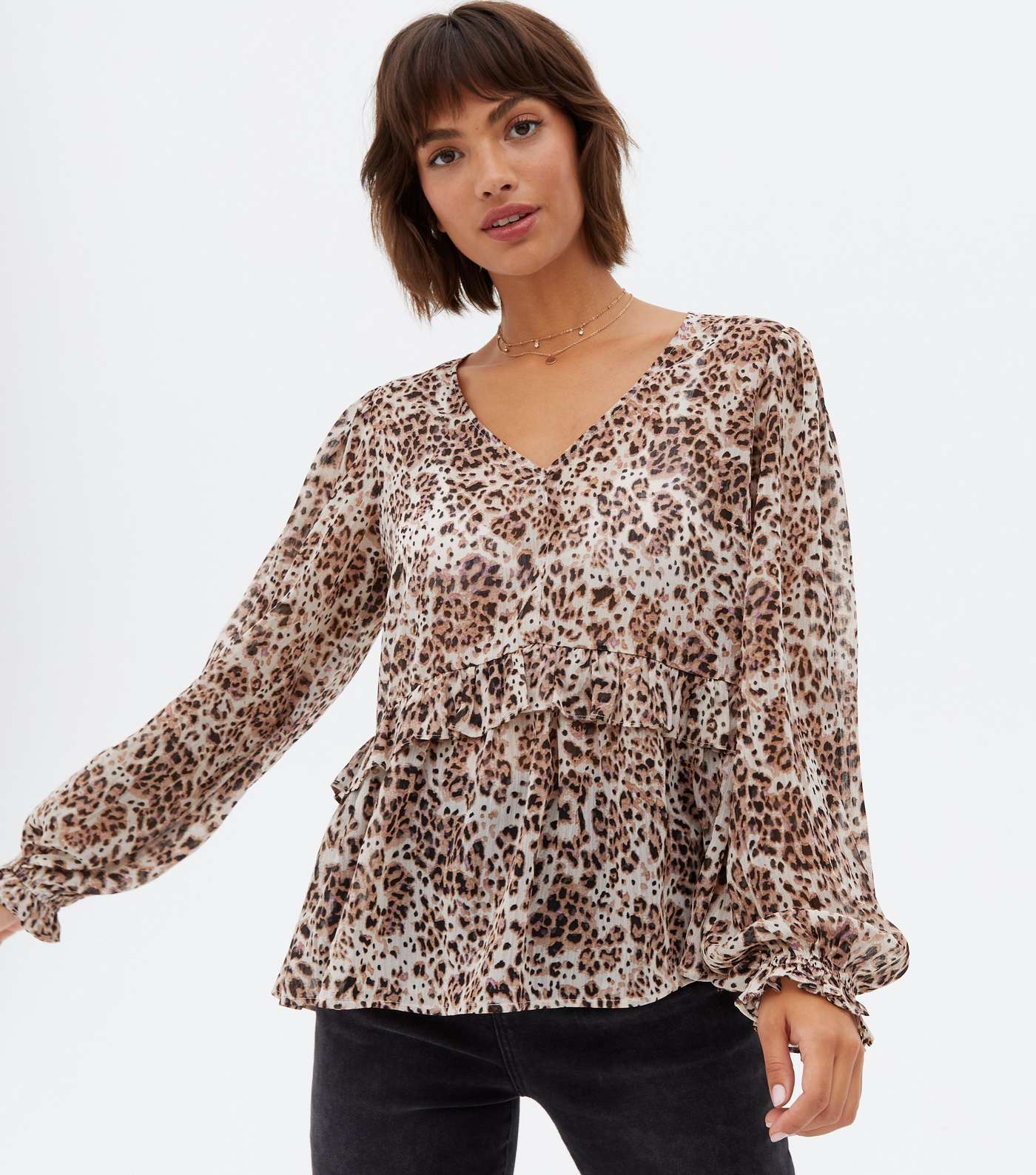 Brown Leopard Print Tiered Blouse