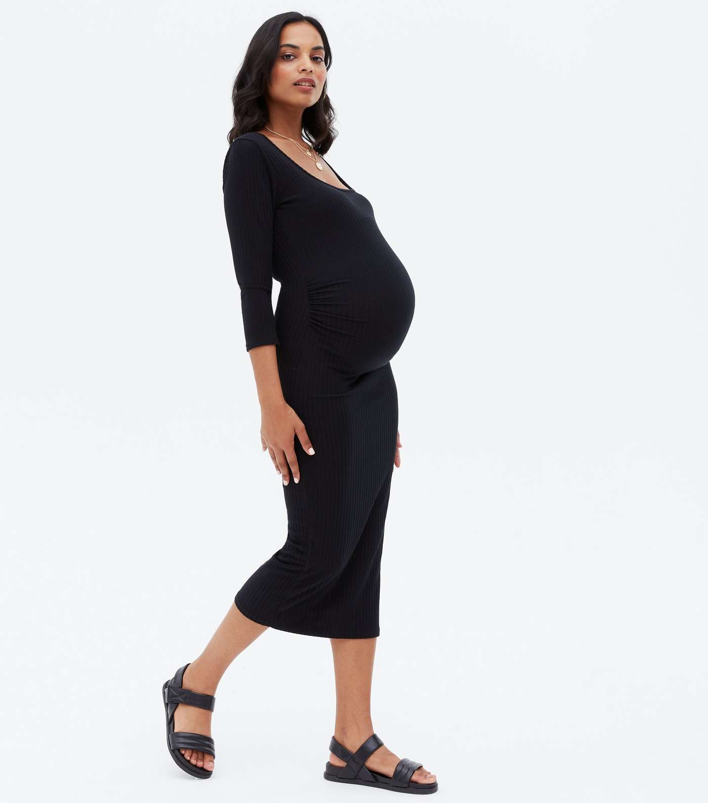 Maternity Black Ribbed Square Neck Midi Dress Image 2