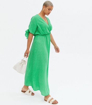 Curves Green Spot Tie Sleeve Maxi Wrap Dress New Look