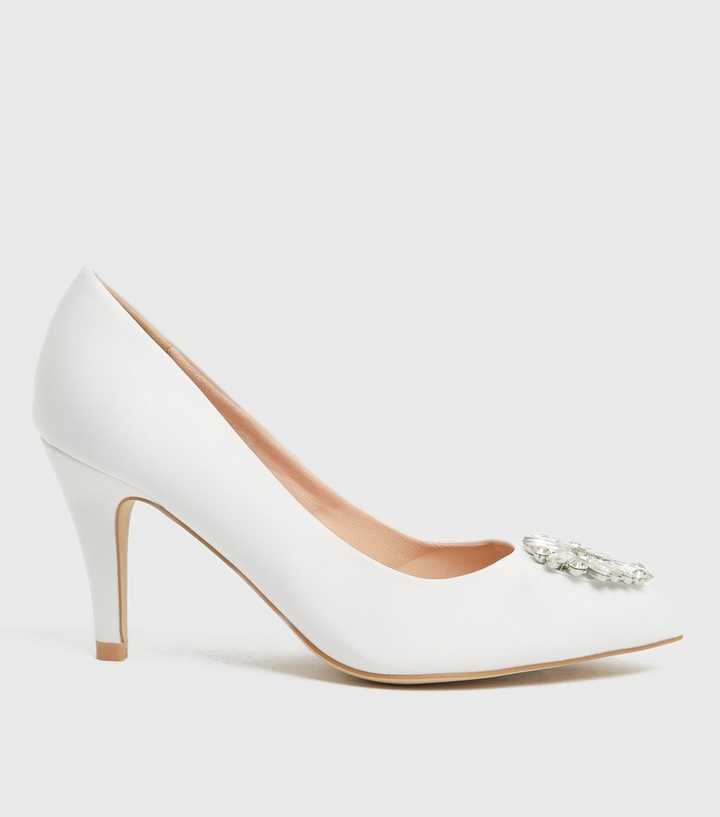 Wide Fit White Bridal Satin Gem Stiletto Heel Court Shoes | New Look