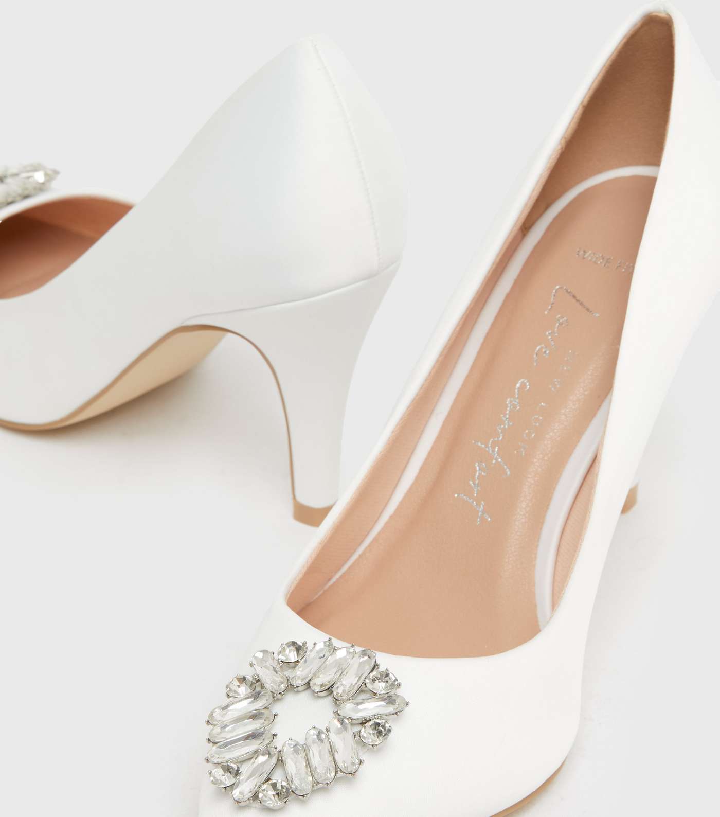 Wide Fit White Bridal Satin Gem Stiletto Heel Court Shoes Image 4