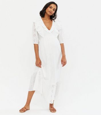 Maternity White Broderie Frill Midi Dress | New Look