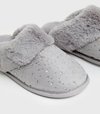 shop for Grey Diamanté Faux Fur Mule Slippers New Look Vegan at Shopo